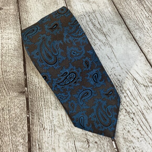 Mens Brioni Tie Brown & Blue Paisley 100% Silk Handmade in Italy Business Formal - Picture 1 of 5